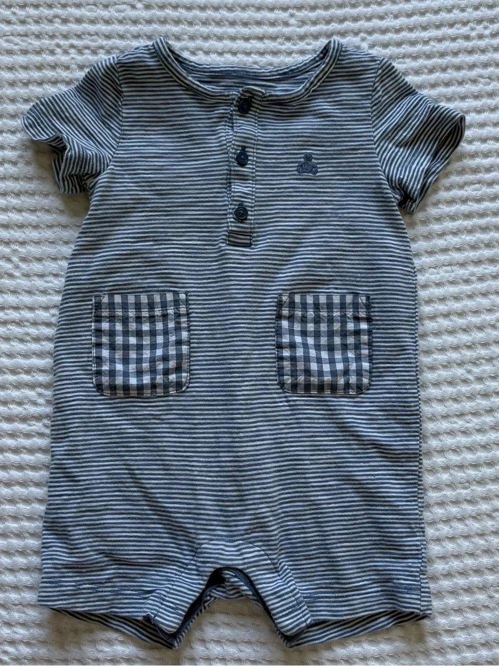 Baby Gap Blue White Stripe Cotton Romper Gingham Patch Pockets Unisex: 12-18M